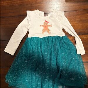 White and Teal Kids Dress with Gingerbread Design
